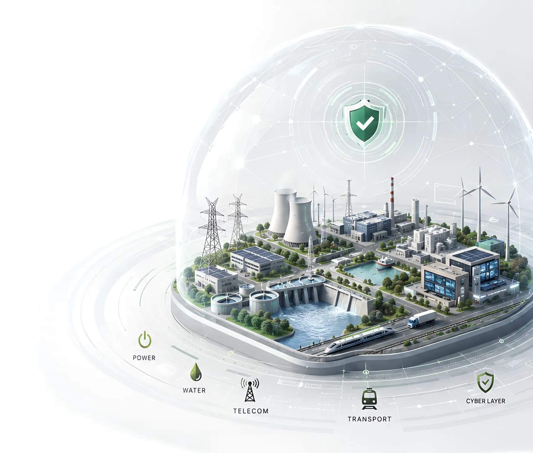 Critical infrastructure facilities protected by a cybersecurity shield across power, water, telecom, transport, and cyber systems